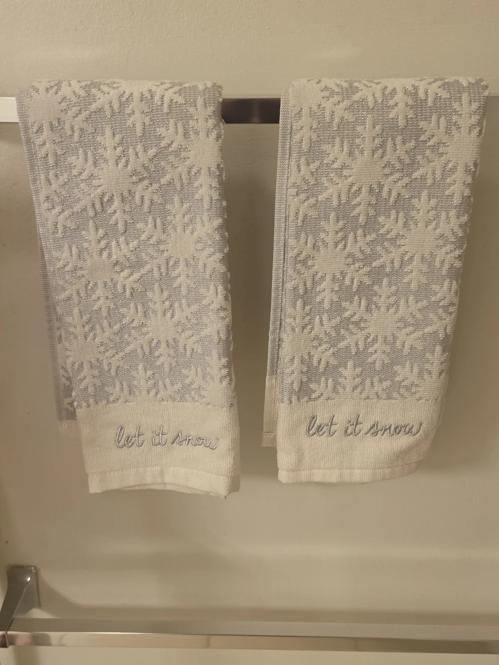 Let It Snow Embroidered Snowflake Hand Towels - Cream & Gray